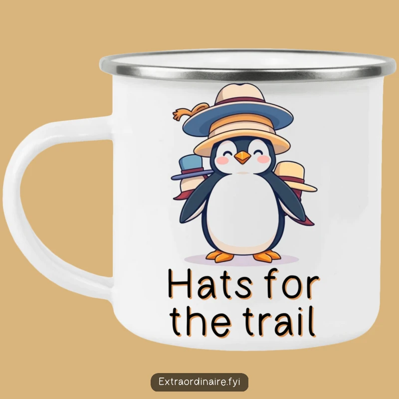 Funny Penguin Hat Stack Camping Mug: Silly Adventure for Outdoor Fun