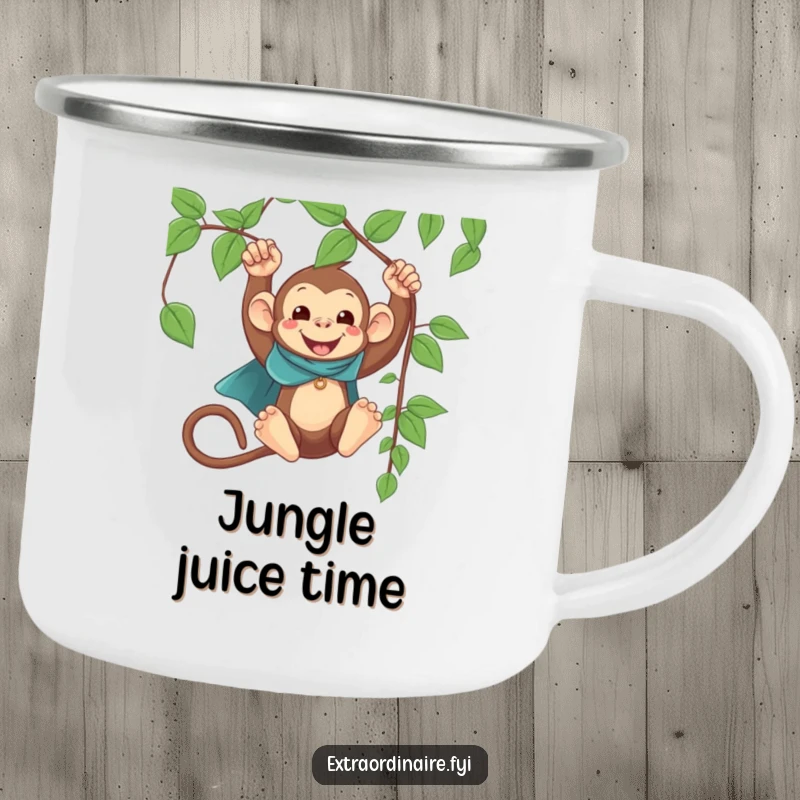 Funny Monkey Cape Swinging Camping Mug: A caped monkey swinging with a vine, perfect for heroic outdoor sips.