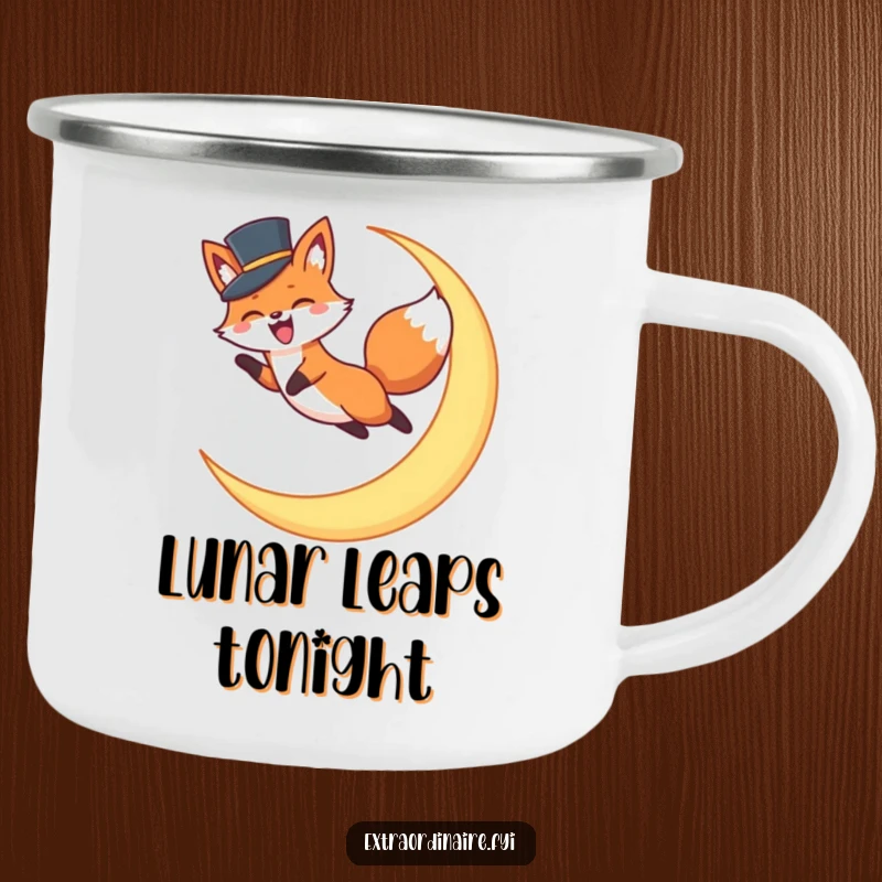 Funny Fox Top Hat Camping Mug: A sturdy enamel mug showing an excited fox in a top hat leaping over a vibrant crescent moon. Fun.
