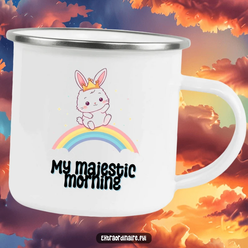 Funny camping mug showing a fluffy bunny queen in a crown, leaping over a sparkling rainbow, for adventurous humor outdoors.