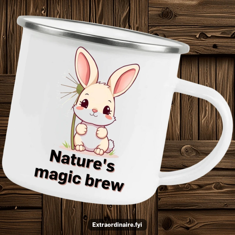 Funny camping mug with a curious bunny peeking from behind a large, sparkling dandelion, embodying whimsical outdoor moments.