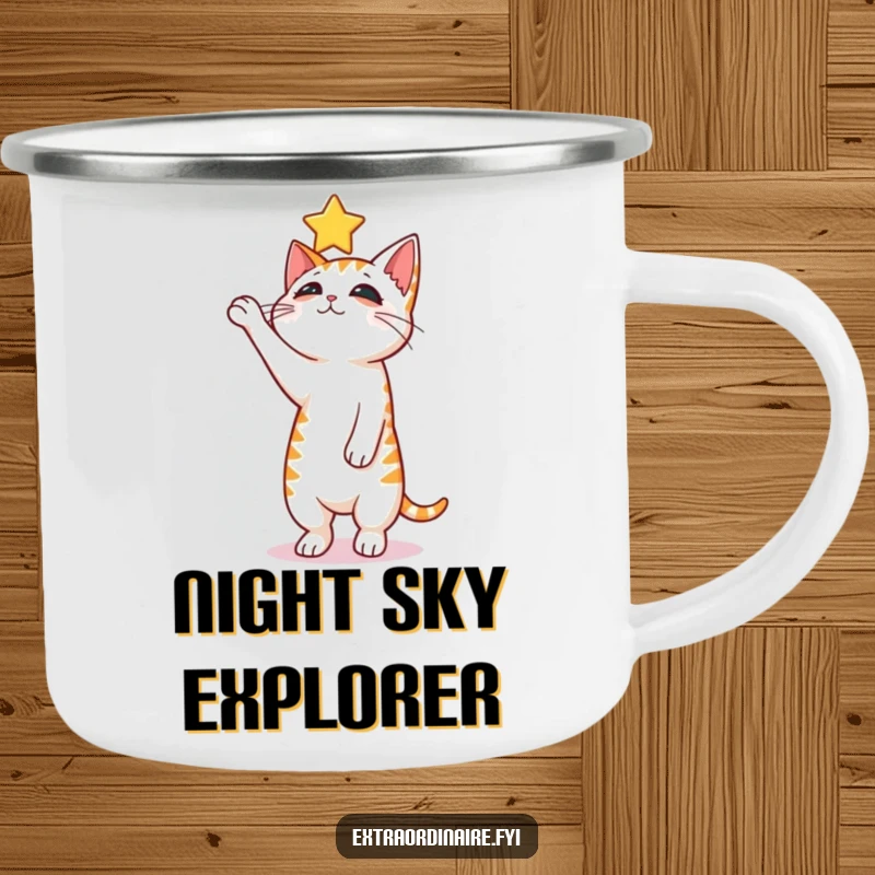 Funny curious cat camping mug, a cat balancing on hind legs reaching for a star, outdoor humor.