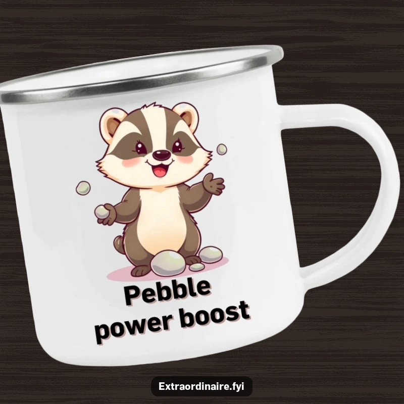 Funny camping mug depicting a delighted badger character juggling shiny pebbles, perfect for outdoor enthusiasts who love whimsical designs.