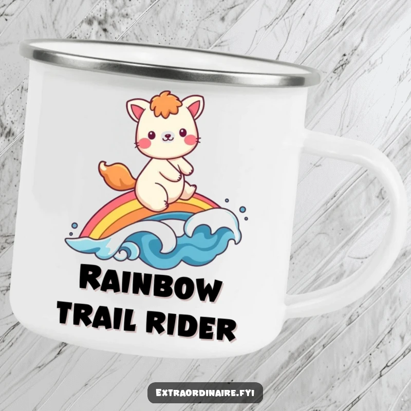 Funny camping mug art: a cheerful animal character joyfully riding a colorful rainbow, waving hello in a bright, scenic outdoor setting.