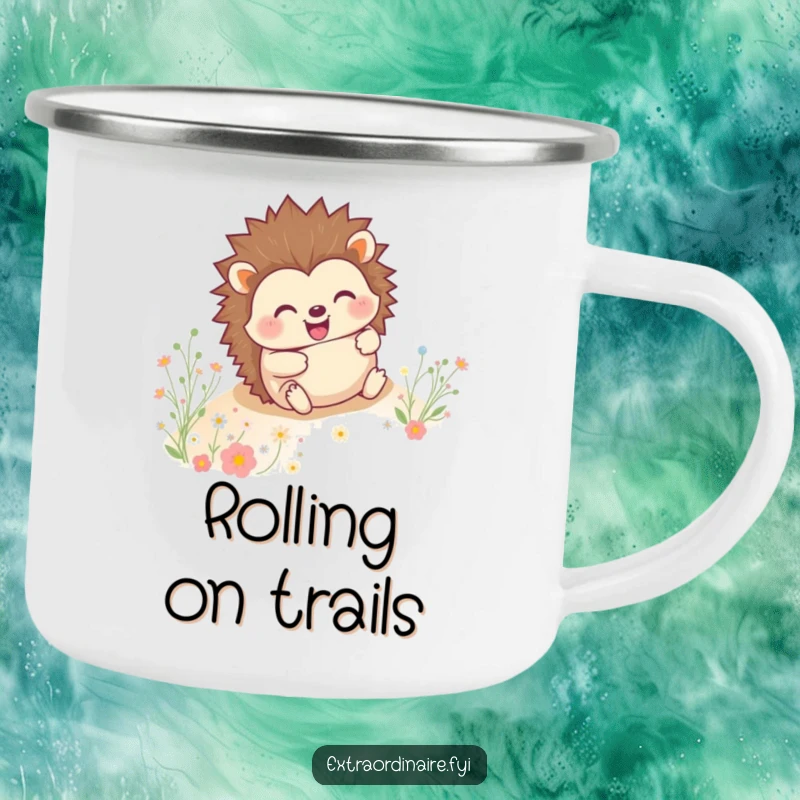 Funny happy hedgehog rolling downhill through flowers on a rugged enamel camping mug, ready for adventure.