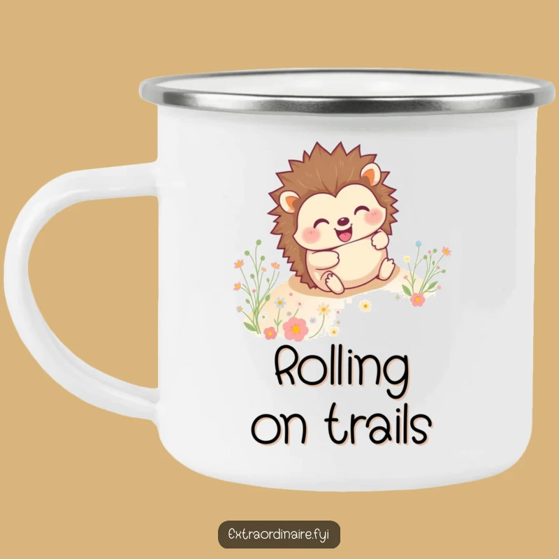 Funny Hedgehog Camping Mug - Enamel Rolling Critter Flower Drinkware Gift