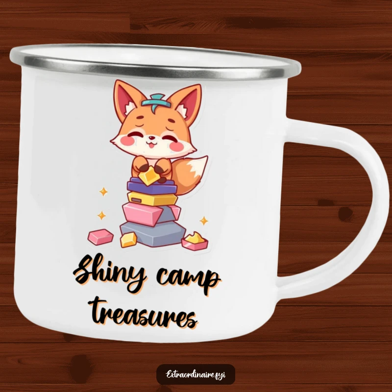 Funny Fox Camping Mug: A mischievous fox character sits by a campfire, balancing a shiny object on its nose.