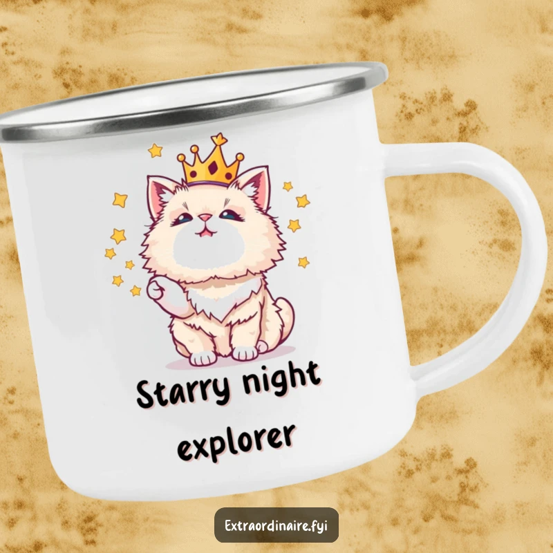 Funny, durable camping mug featuring a crowned cat juggling stars, perfect for outdoor beverages.