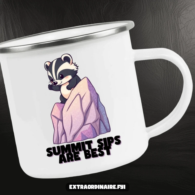 Funny badger mountain camping mug, a brave rodent climbing a miniature glittery mountain, ready for hot drinks in the wild.