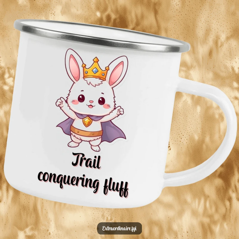 Funny bunny hero camping mug, a crowned and caped rabbit striking a pose, perfect for outdoor bravery fuel.