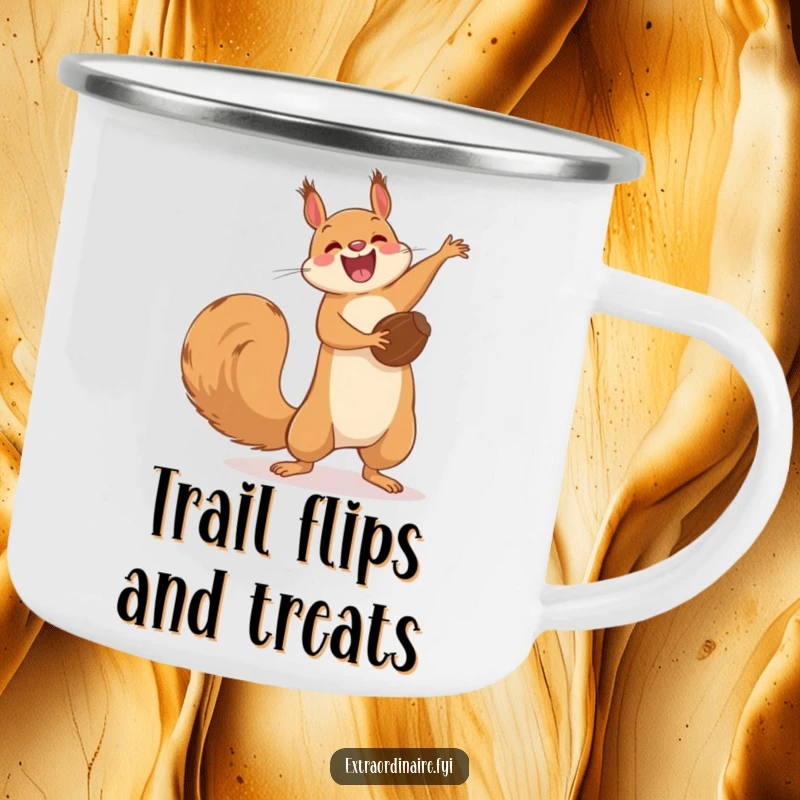 Funny Squirrel Flip Camping Mug: A squirrel performing a funny acrobatic flip with a nut, perfect for outdoor fun.