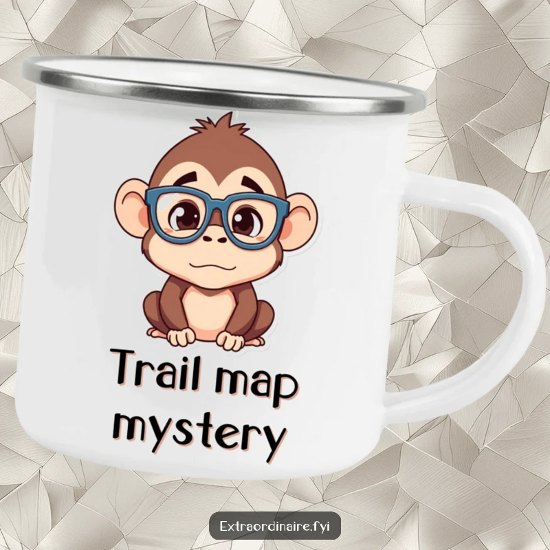 Funny monkey camping mug, a silly monkey with oversized glasses looking confused, perfect for outdoor drinks and humorous adventures.