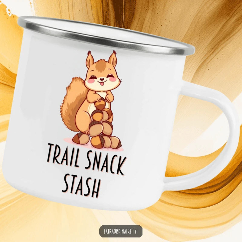 Funny camping mug with a giggling squirrel balancing acorns, perfect for outdoor adventures and nutty fun.