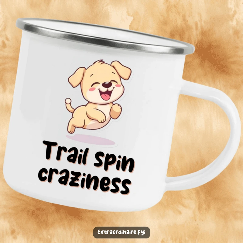 Funny puppy giggling camping mug, a playful dog chasing its tail in a circle, outdoor humor.