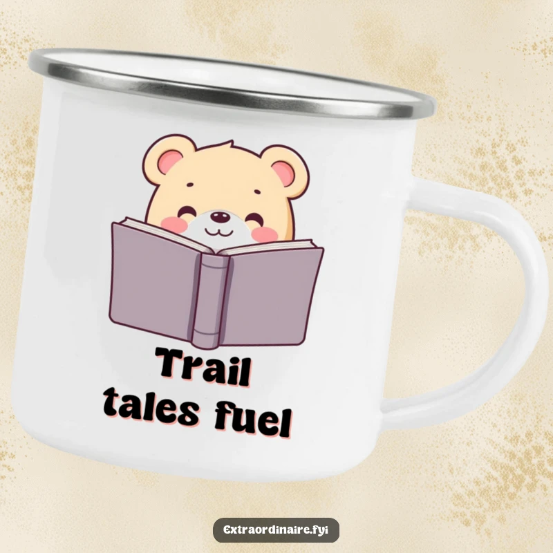 Funny camping mug with a bear reading by a campfire, perfect for outdoor adventures and literary enjoyment.