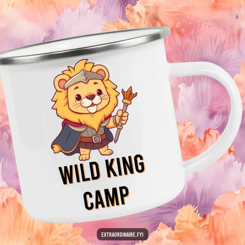 Funny lion camping mug, royally equipped with cape and scepter, ready for brave outdoor sipping.