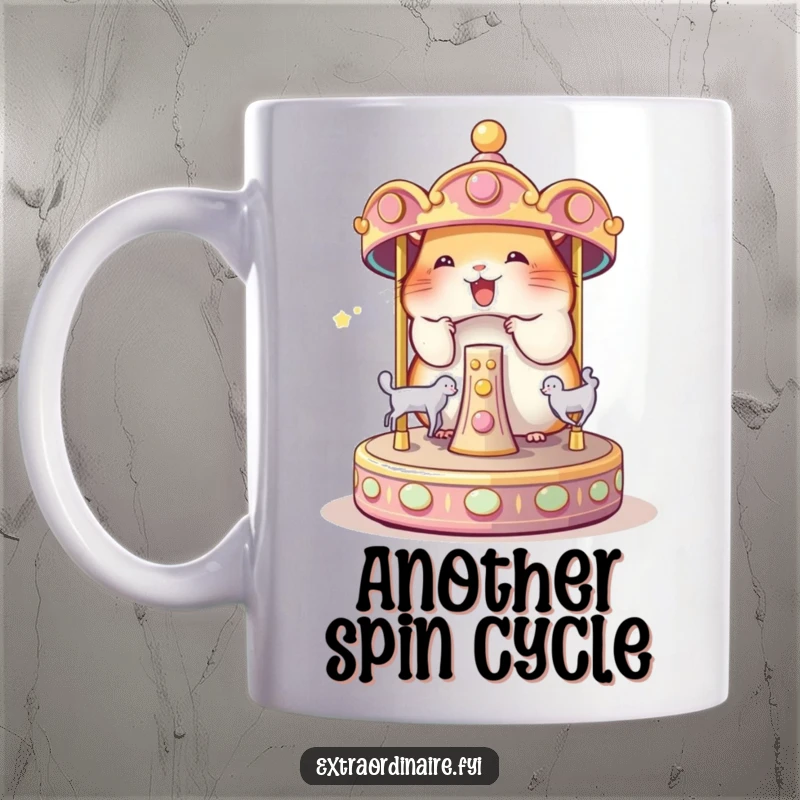 Funny Hamster Carousel Mug: A delighted hamster joyfully spins a tiny magical carousel, creating whimsical delight.