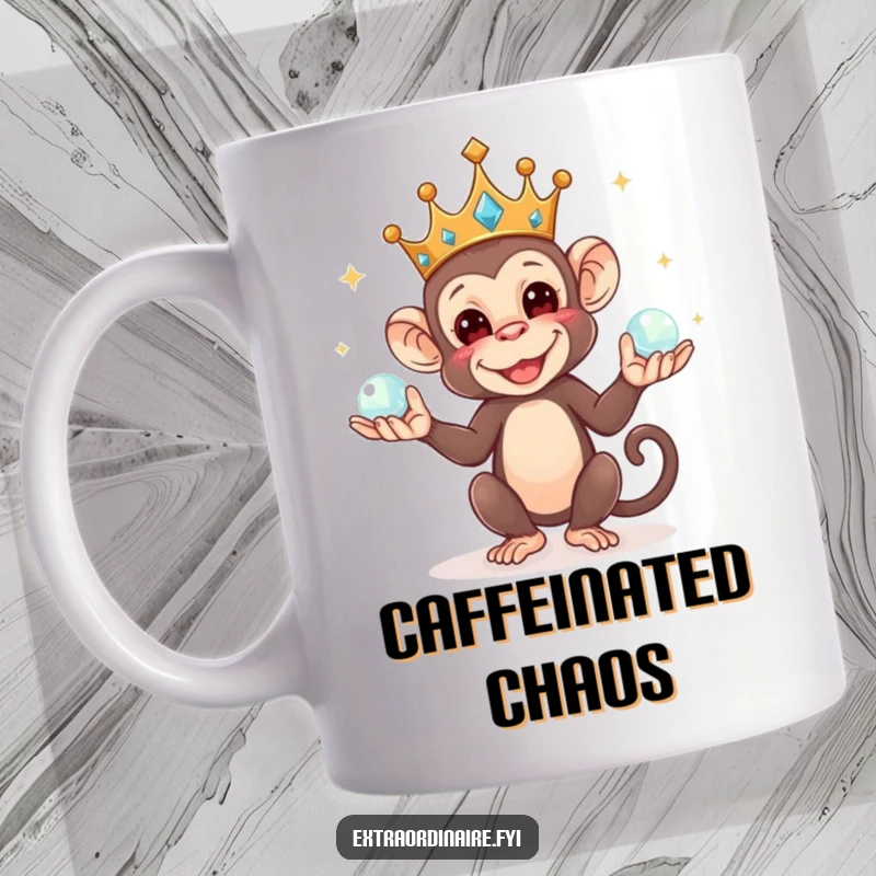 Funny mug featuring a mischievous monkey king juggling sparkling orbs, radiating playful royalty and delightful chaos.