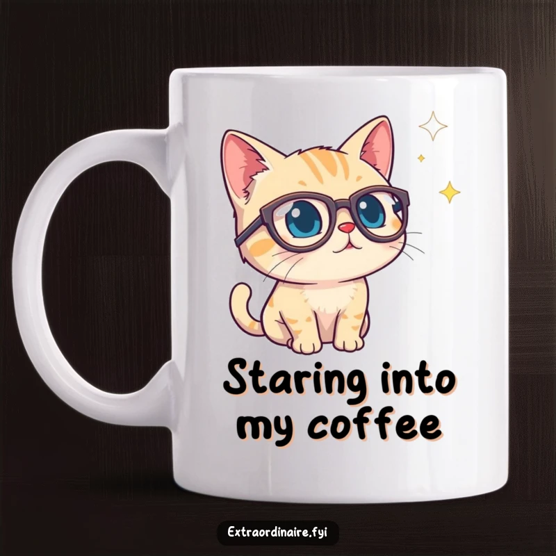 Funny mug featuring a curious cat in oversized spectacles peering into a starry void, representing wonder and intellectual exploration.