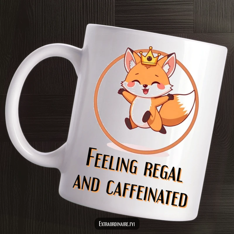 Funny mug depicting a cheerful fox wearing a tiny crown, joyfully leaping through a hoop with regal flair.