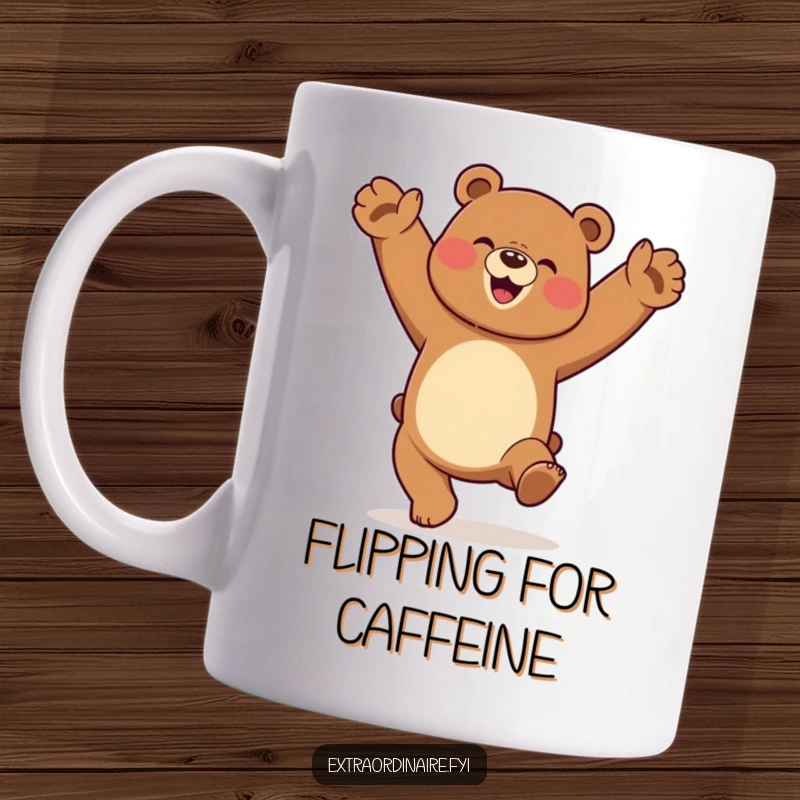 Funny dancing bear doing a cartwheel with a look of pure elation, printed on a ceramic coffee mug.