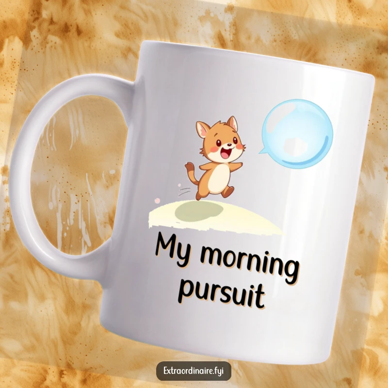 Funny mug with a cute animal character joyfully leaping to catch a shimmering, floating bubble in a whimsical outdoor scene.