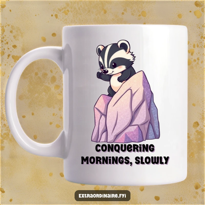 Funny badger mug showing a determined rodent bravely climbing a small, sparkling glitter mountain, representing ambition and fun.