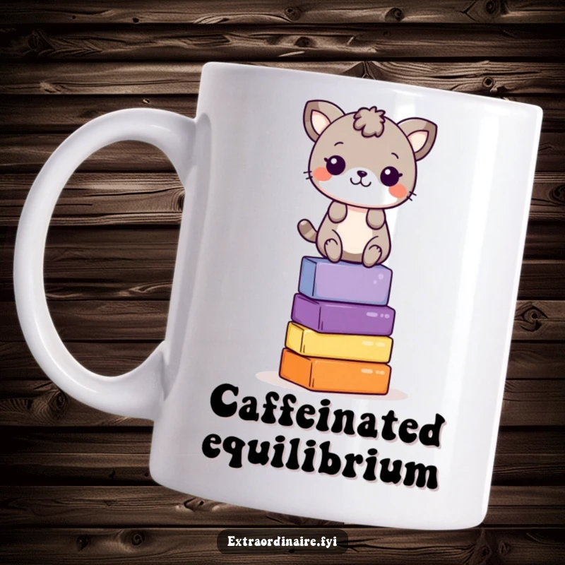 Funny Mug: A playful animal character skillfully balances atop a tall stack of colorful, wobbly blocks, looking delighted.