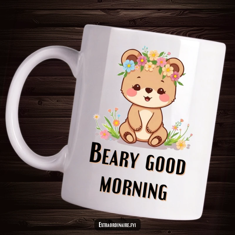 Funny mug featuring a happy bear cub wearing a crown made of colorful wildflowers, radiating pure delight.