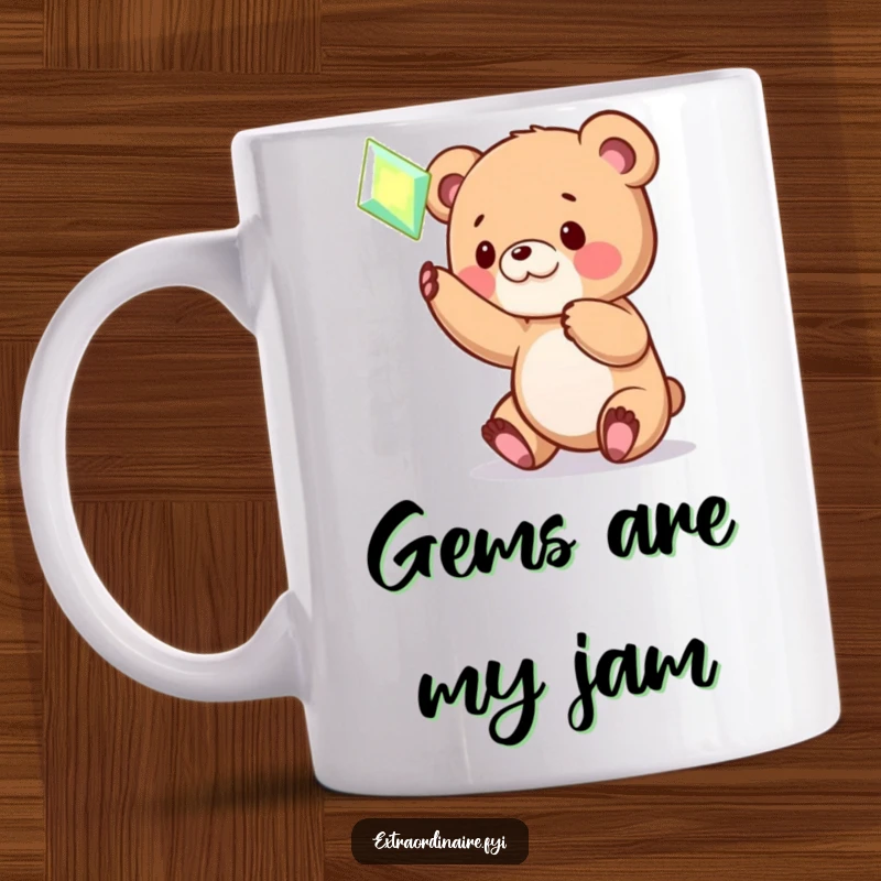 Funny Bear Cub Gem Mug: A playful bear cub enthusiastically bats at a luminous, hovering gem. Adorable and funny gift.