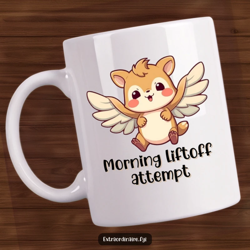 Funny mug depicting a determined animal character bravely attempting to fly with comically oversized, awkwardly flapping wings in mid-air.