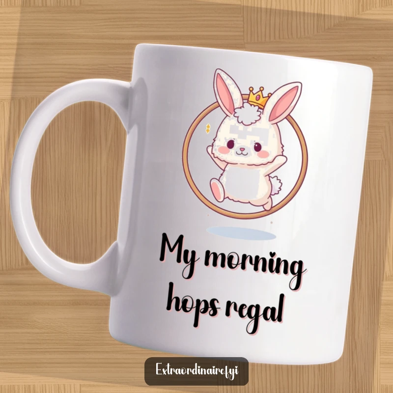 Funny mug showing a fluffy bunny character wearing a tiny crown, joyfully leaping through a hula hoop.