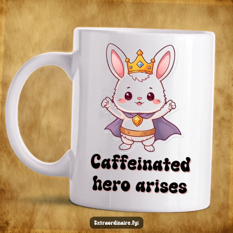 Funny bunny character mug wearing a crown and cape, striking a heroic pose like a brave little rabbit hero.