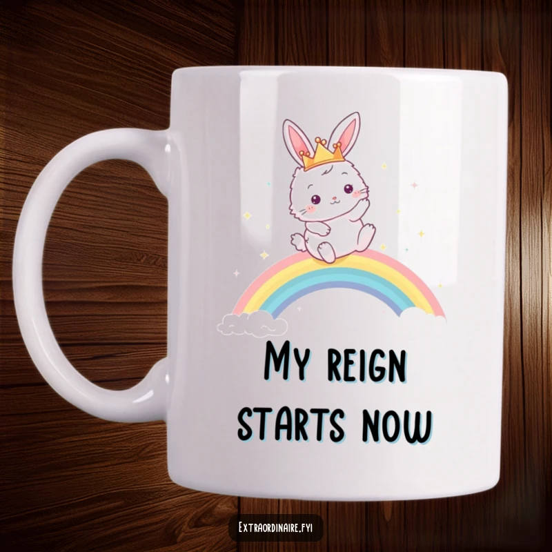 Funny mug showcasing a fluffy bunny queen in a crown, joyfully leaping over a vibrant, sparkling rainbow with whimsical delight.