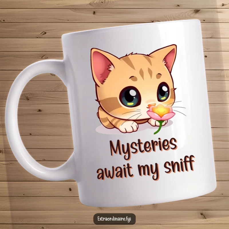 Funny mug featuring a curious cat with huge, wide eyes sniffing a brightly glowing, magical flower with fascination.