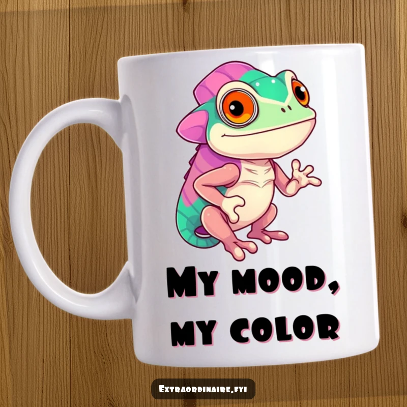 Funny confident chameleon character proudly displaying vibrant, shifting colors on a mug, a symbol of self-expression, a colorful and funny gift.