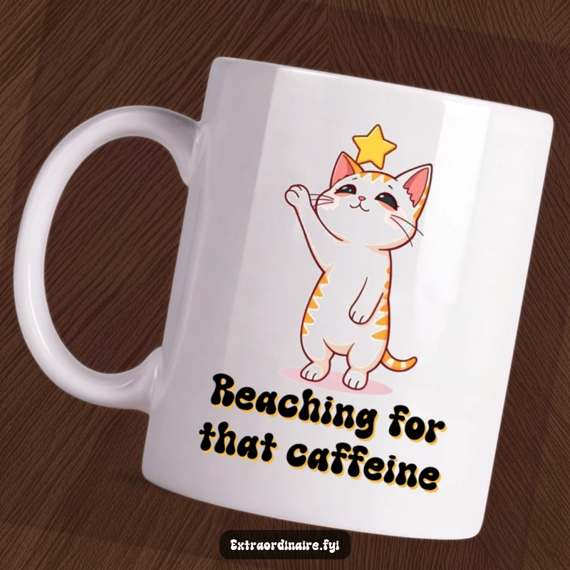Funny curious cat mug, balancing on hind legs, reaching for a floating star with playful ambition.
