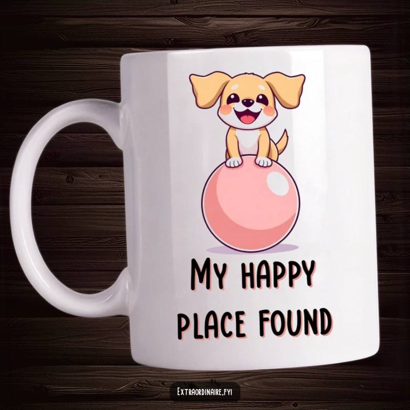 Funny mug showcasing a joyful dog with floppy ears, expertly balancing on a large, colorful bouncy ball with a wide grin.