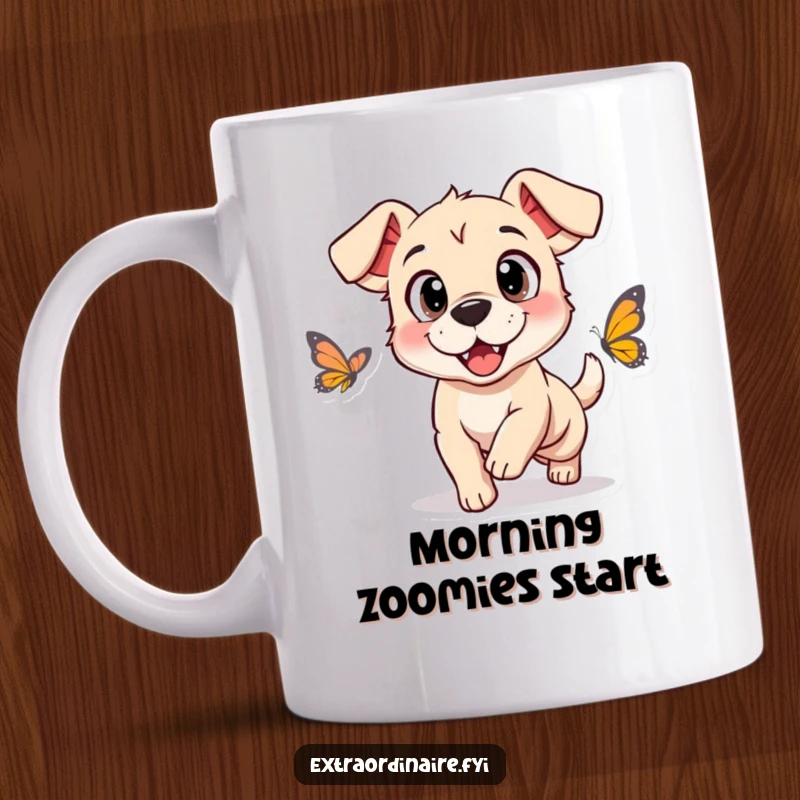 Funny mug showing a playful dog with huge, expressive eyes joyfully chasing a delicate butterfly in a sunny meadow.