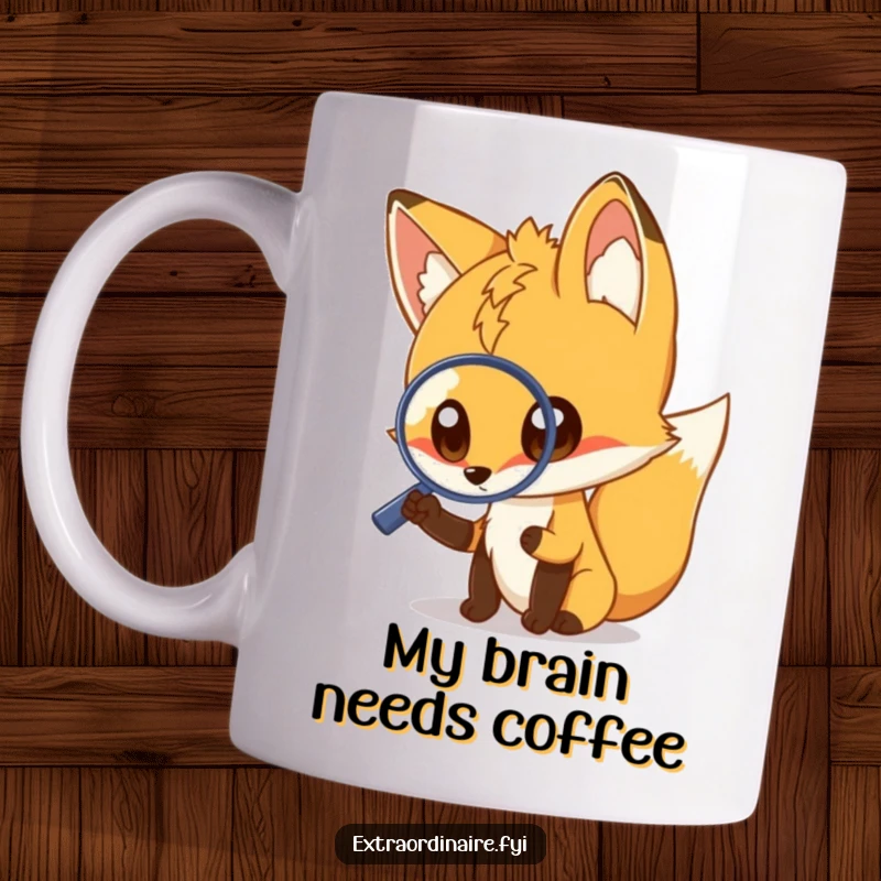 Funny fox mug with big eyes, holding a magnifying glass, exploring with intense curiosity, perfect for a funny gift.