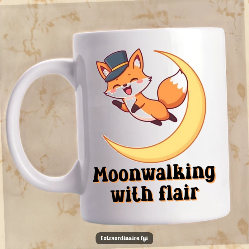 Funny Fox Top Hat Moon Mug: An excited fox wearing a tiny top hat leaps joyfully over a glowing crescent moon. Hilarious gift idea.