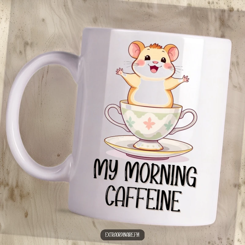 Funny Hamster Mug: A happy hamster looking exhilarated while balancing perfectly on a rapidly spinning teacup, enjoying the ride.