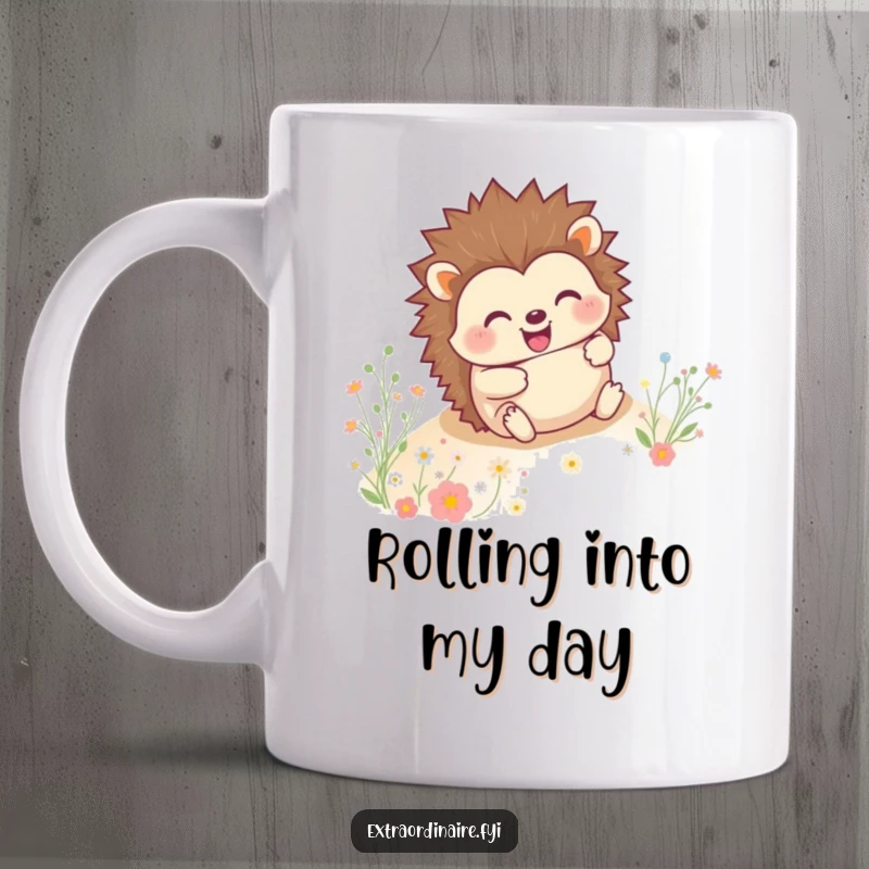 Funny happy hedgehog rolling downhill with a wide grin, surrounded by colorful flowers, printed on a ceramic mug.