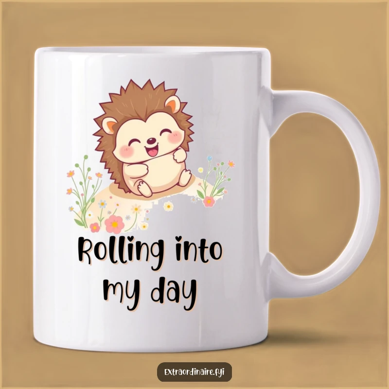 Funny Hedgehog Rolling Mug - Happy Grinning Critter Flower Graphic Gift