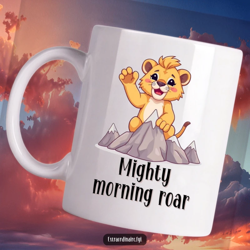 Funny lion cub mug, a triumphant cub raising paws after conquering tiny mountains, celebrating victory.