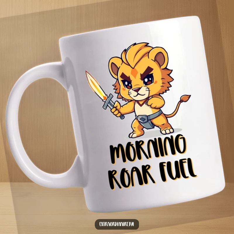 Funny lion cub mug, a brave warrior cub holding a glowing sword, ready for epic quests, perfect for fantasy lovers.
