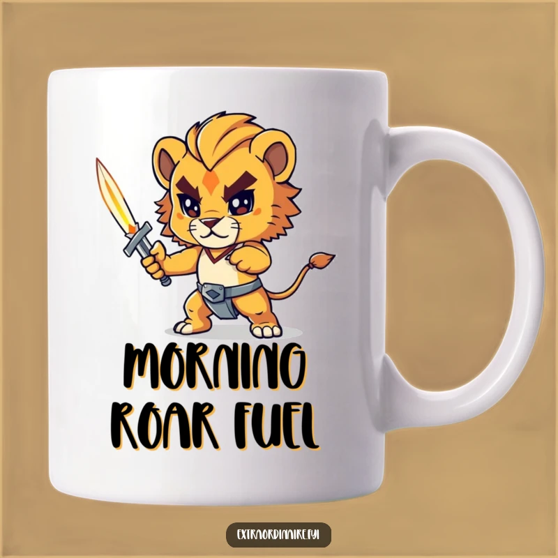 Funny Lion Cub Sword Mug: Brave Hero Gift for Fantasy Fans