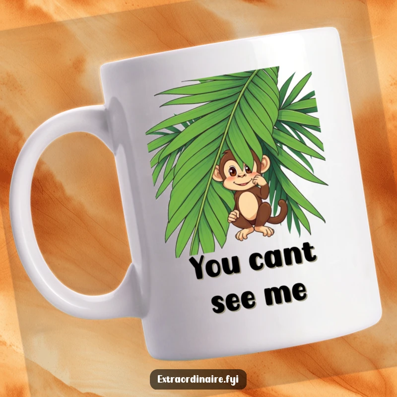 Funny monkey hiding behind a giant palm leaf, peeking out with a mischievous grin on this ceramic mug.