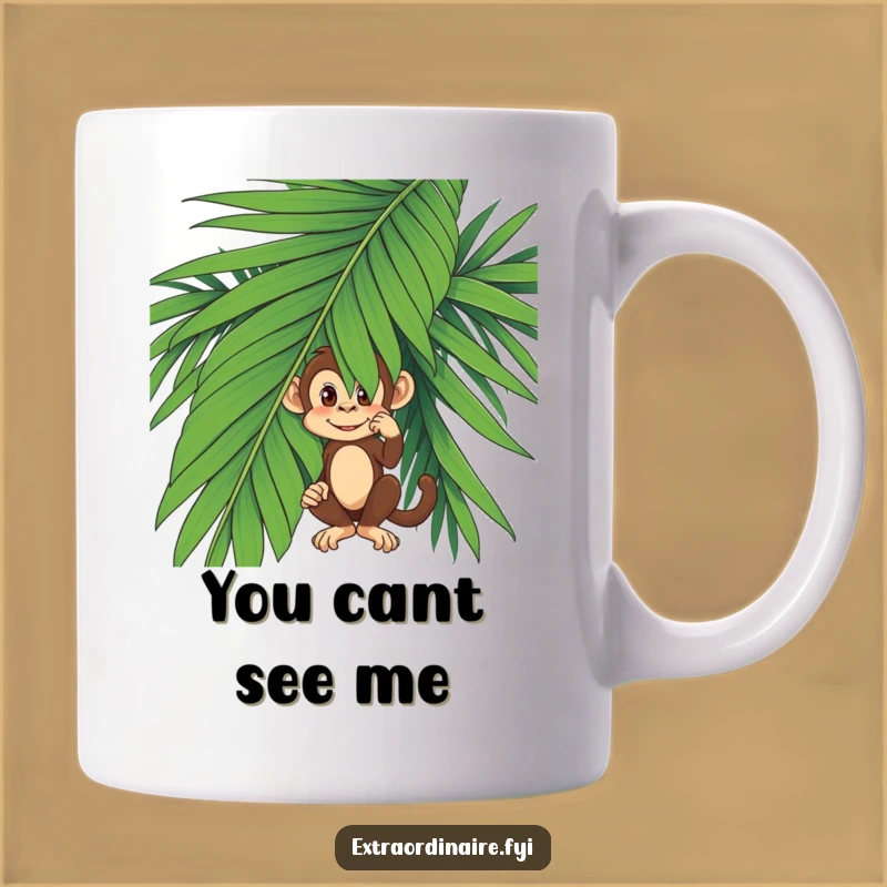 Funny Monkey Hiding Mug - Mischievous Primate Palm Leaf Graphic Gift