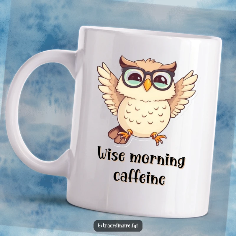 Funny mug showing a giggling owl wearing spectacles, comically attempting to fly with uneven, mismatched wings, full of humorous determination.